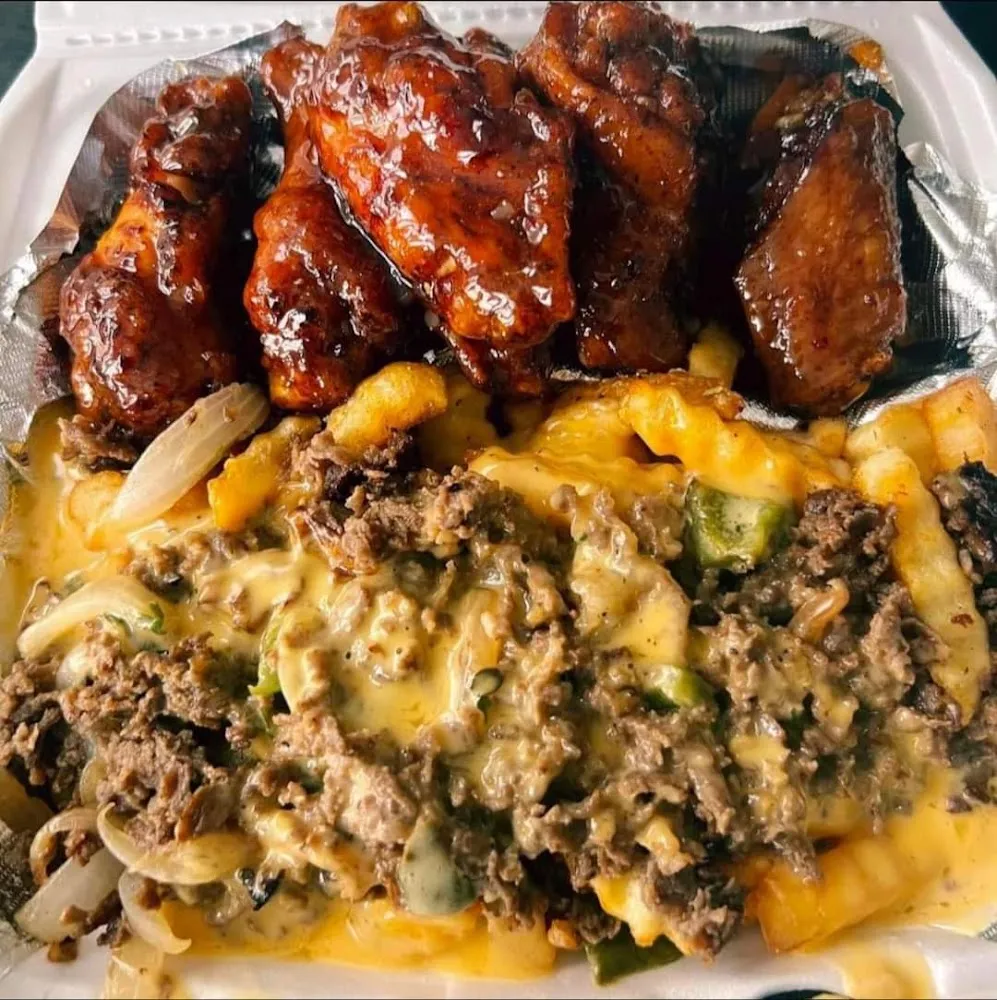 BBQ Wings with Loaded Philly Fries